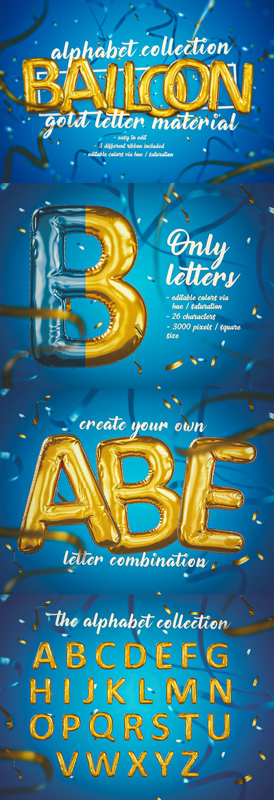 时尚高度3D立体铝箔气球字母英文字母集合-PSD
