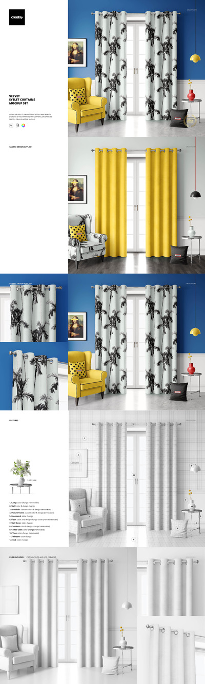 丝绒孔眼窗帘图案设计样机集 (psd)