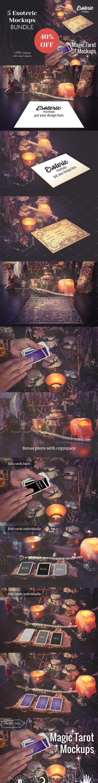 神秘元素塔罗牌卡牌设计展示样机 (psd)