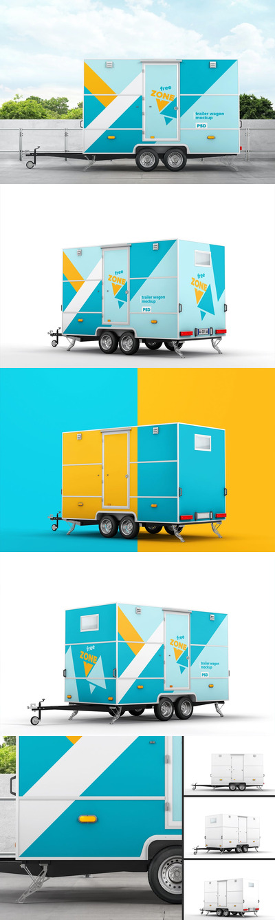 少见稀有的旅行车房车拖车挂车车体广告设计VI样机展示模型mockups