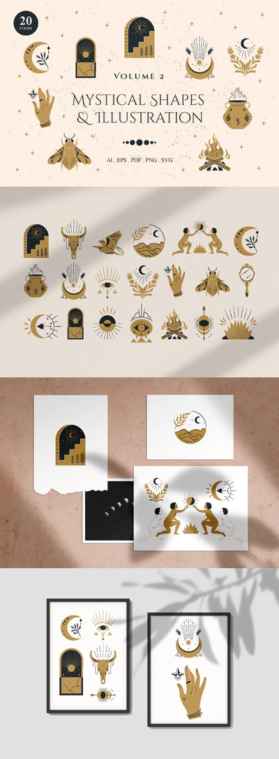 时尚高端复古抽象神秘图形矢量插画大集合-AI，EPS，PDF，SVG，PNG