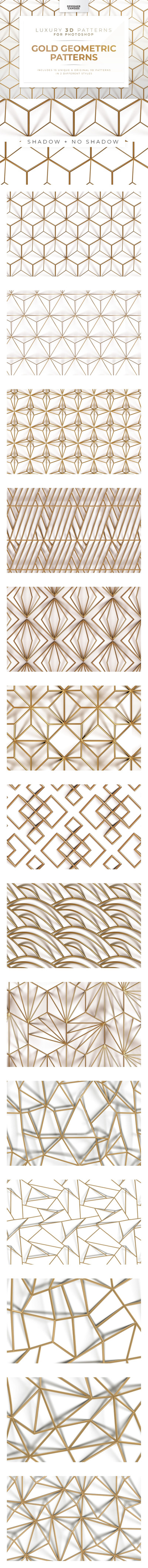 金色质感的3D立体四方连续几何图案背景底纹纹理集合-PSD