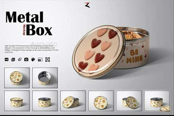 饼干/礼物金属铁盒包装设计样机 (psd)
