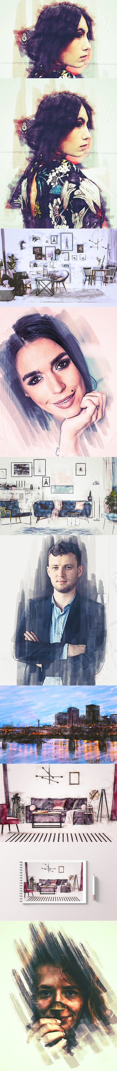 时尚高端逼真质感的手绘素描效果photoshop动作预设-ABR，ATN，PSD