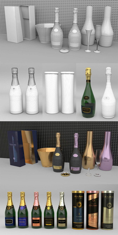 高端的酒瓶酒具包装设计3D模型套装下载（FBX,MAX,OBj）
