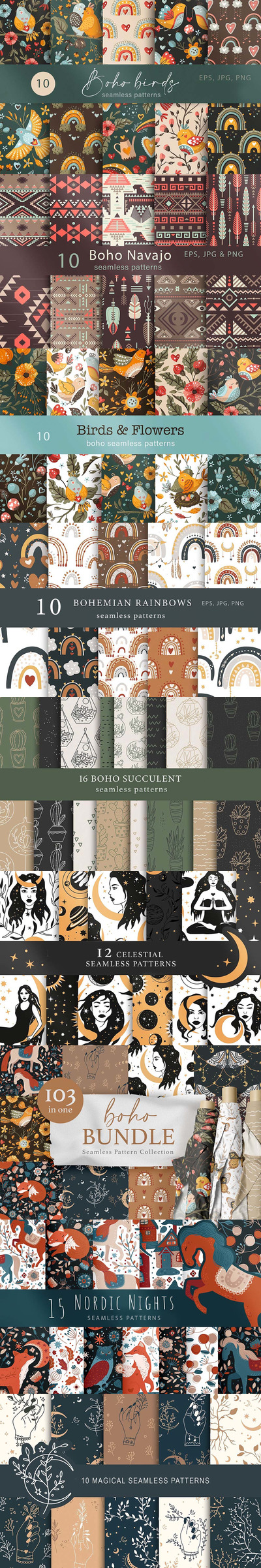 波西米亚风格无缝背景图案 (jpg,png,eps)