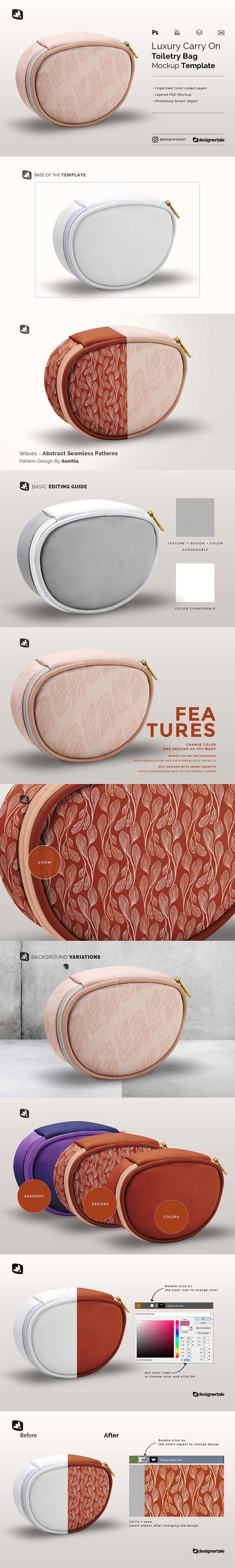奢华随身携带化妆袋图案设计样机 (psd)