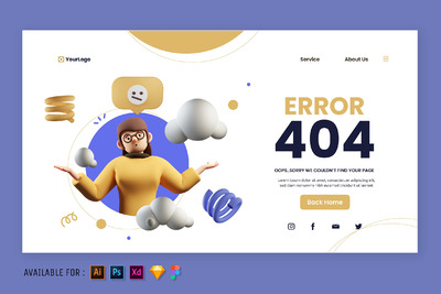 3D风格404 错误页面创意网页模板 (AI,EPS,FIG,JPG,PNG,PSD,SKETCH,SVG,XD)