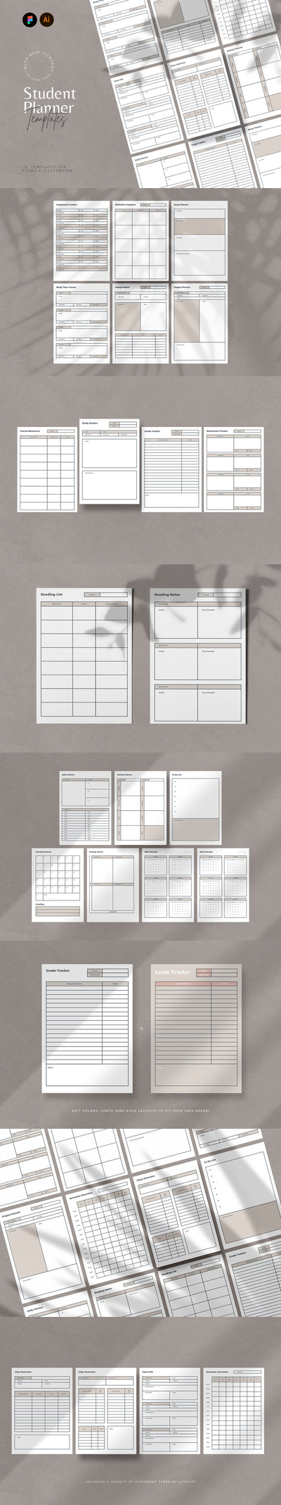 高品质多用途的学习计划表格设计模板-AI，EPS
