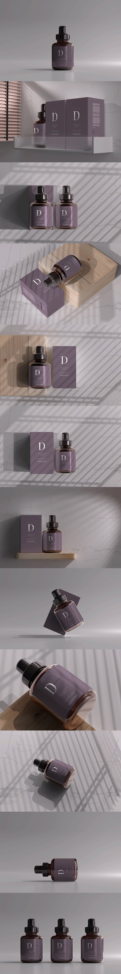 带有盒子的琥珀色玻璃滴管瓶包装设计样机 (psd)