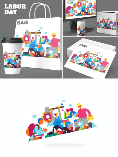 时尚高端简约清新扁平化风格的劳动节海报矢量插画设计模板