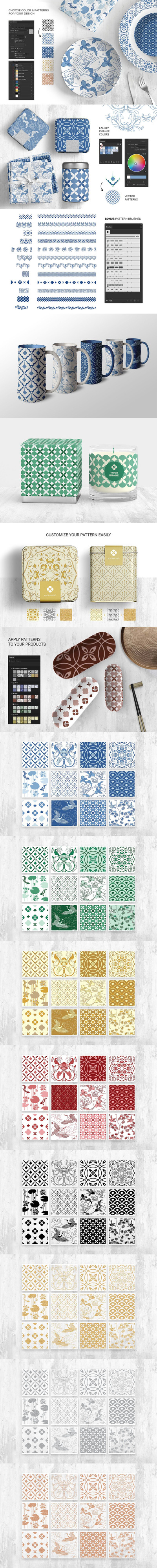 中式元素青花瓷系列图案背景素材 (AI,PSD)