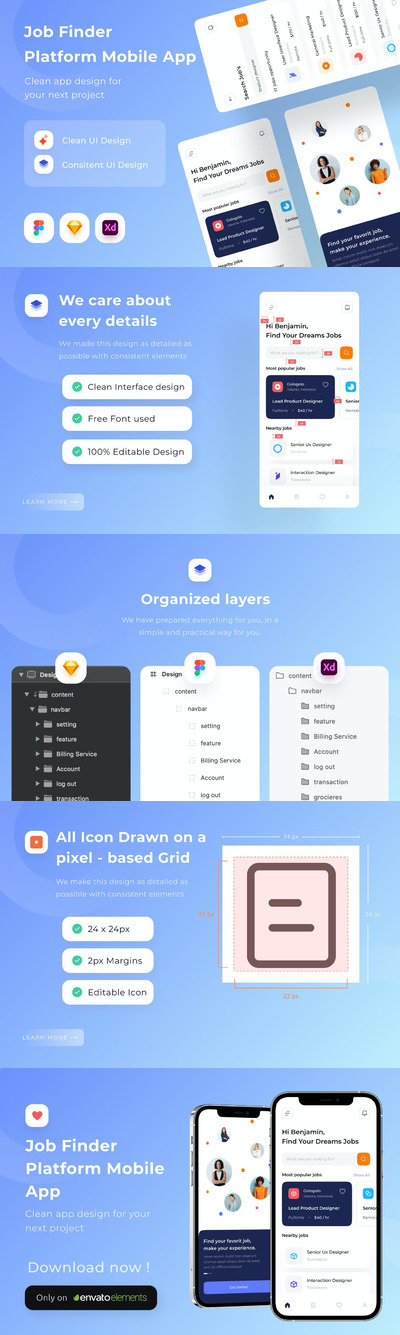 时尚高端简约清新多用途的高品质招聘求职APP UI KITS-FIG, SKETCH, XD