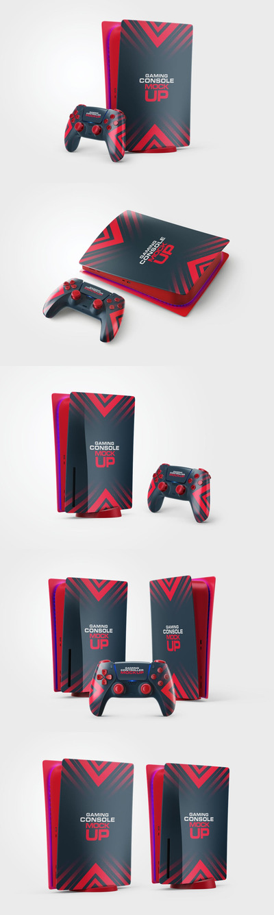 PS5 主机和手柄贴纸设计展示样机 (PSD)