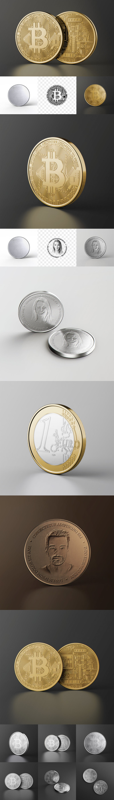 时尚高端逼真质感比特币自感的奖牌硬币纪念币VI设计样机展示模型mockups
