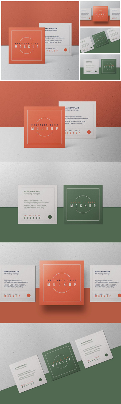 时尚高端专业的逼真质感方形名片设计VI样机展示模型mockups