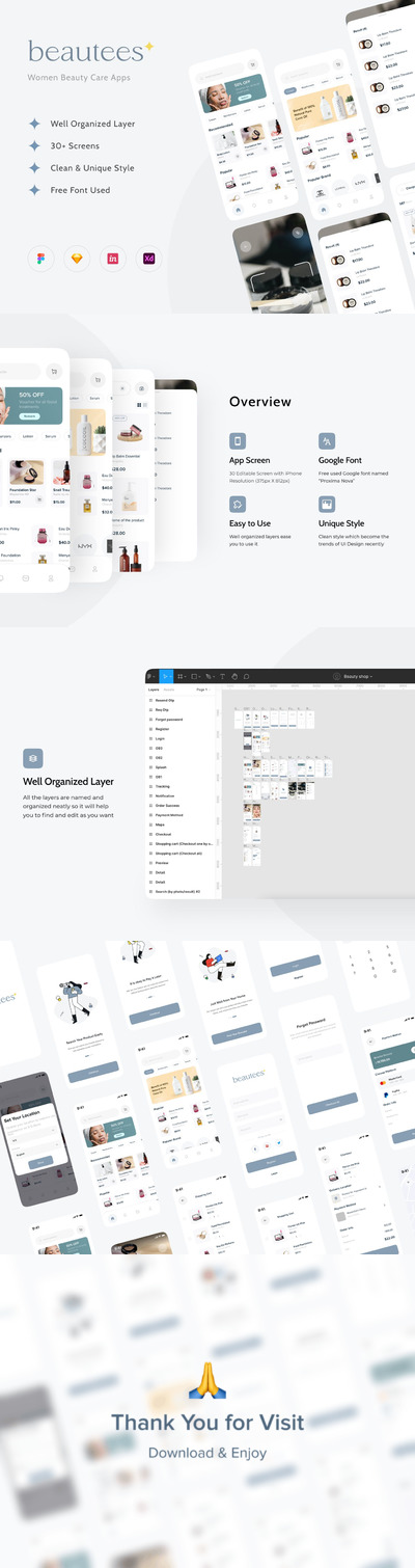 时尚简约好用的美容产品应用程序APP UI KITS-fig、sketch、xd