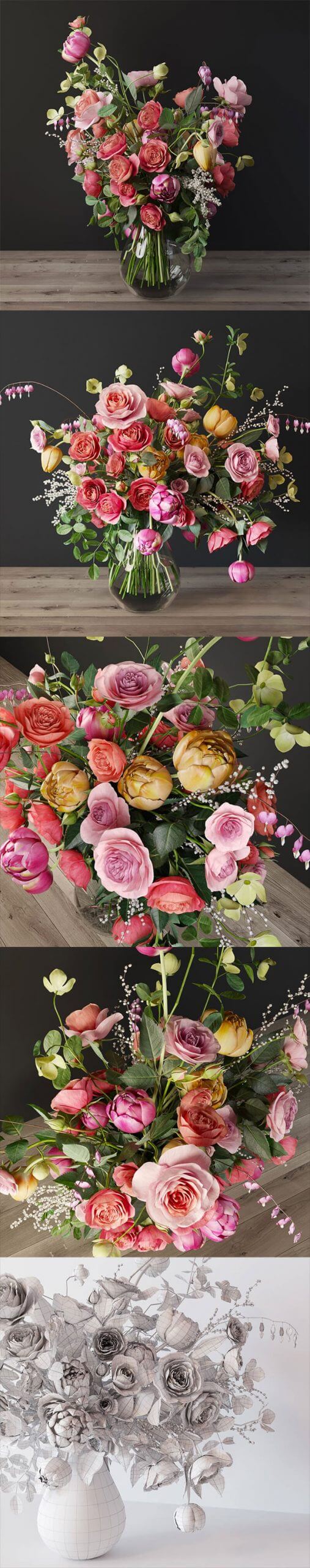丰富的玫瑰花束组合+玻璃花瓶3D模型套装下载（OBJ,MAX,FBX）