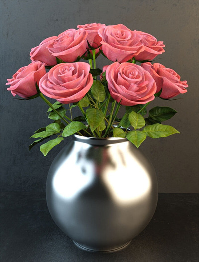 玫瑰花花束+金属花瓶组合3D模型下载（OBJ,FBX,MAX）