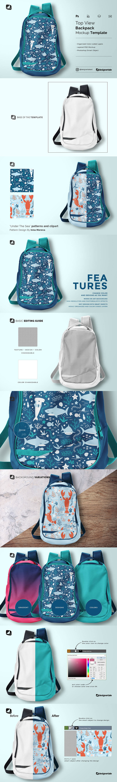 顶视图双肩背包图案设计样机 (psd)