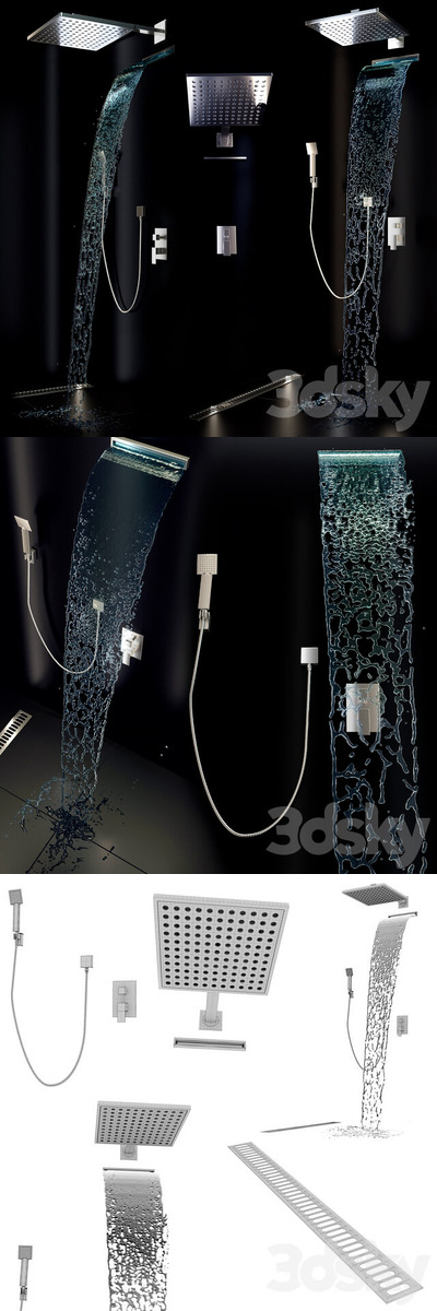 正在喷水的方形时尚金属淋雨花洒3D模型套装下载（max）