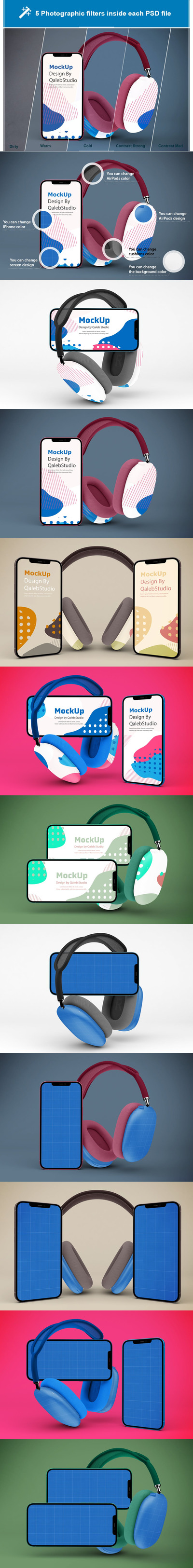 AirPods耳机 & iPhone手机样机 (PSD)