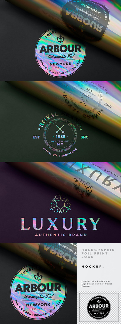 时尚高端全息渐变质感logo标志设计VI样机展示模型mockups