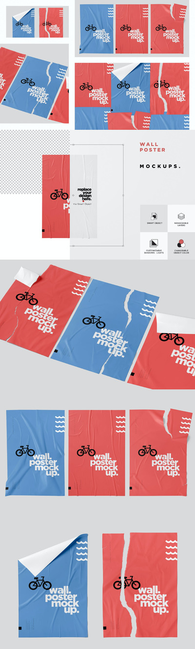 墙上的皱巴巴的海报模型(PSD)