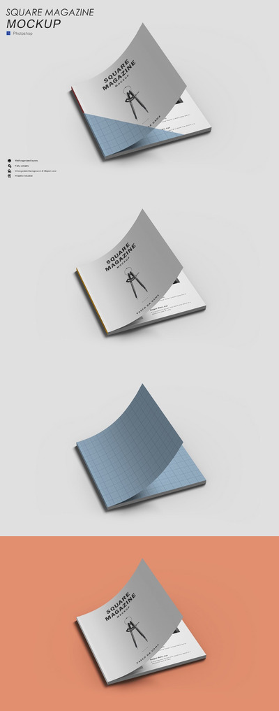 高品质的方形杂志画册品牌手册书籍装帧VI设计样机展示模型mockups