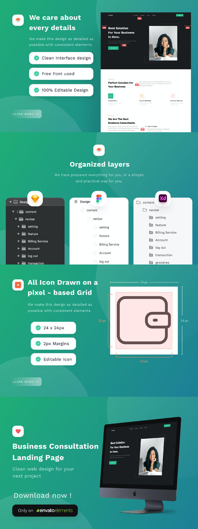 商业咨询相关的响应式网页模板 (FIG,SKETCH,XD)