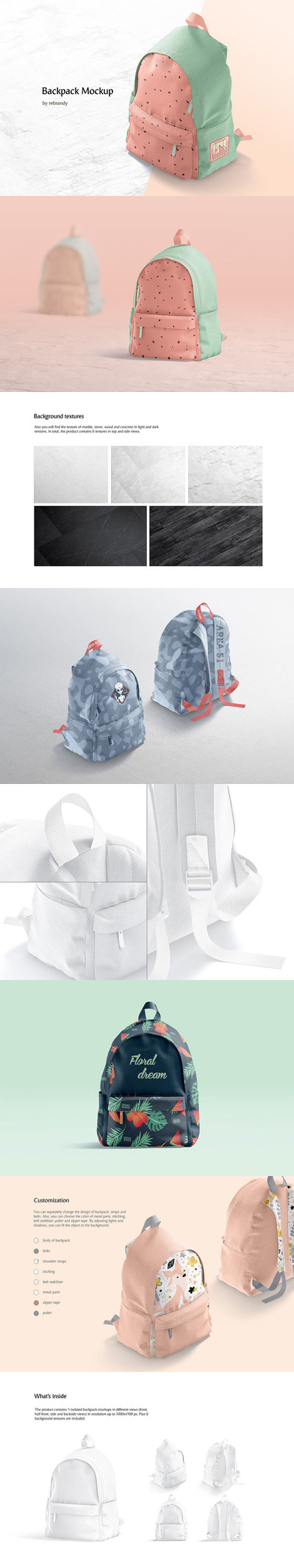 双肩包/背包外观图案设计样机 (psd)