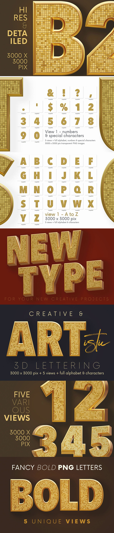 豪华金色花式粗体3D字母素材[1.22GB,PNG,JPG]