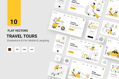时尚高端简约扁平化风格矢量旅游插画banner海报着陆页设计模板集合-AI，EPS