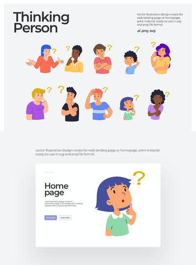 简约时尚高端扁平化风格的疑问问号人物矢量插画集合-AI, PNG, SVG