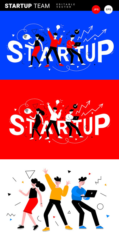 时尚高端扁平化风格创业团队矢量插画设计模板