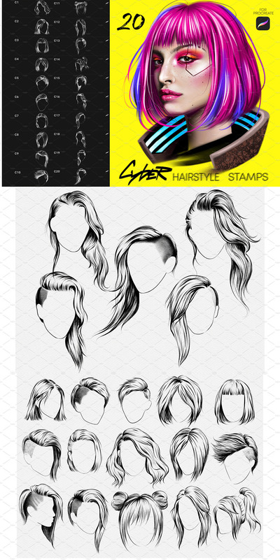 赛博朋克发型Procreate笔刷套装 (brushset)
