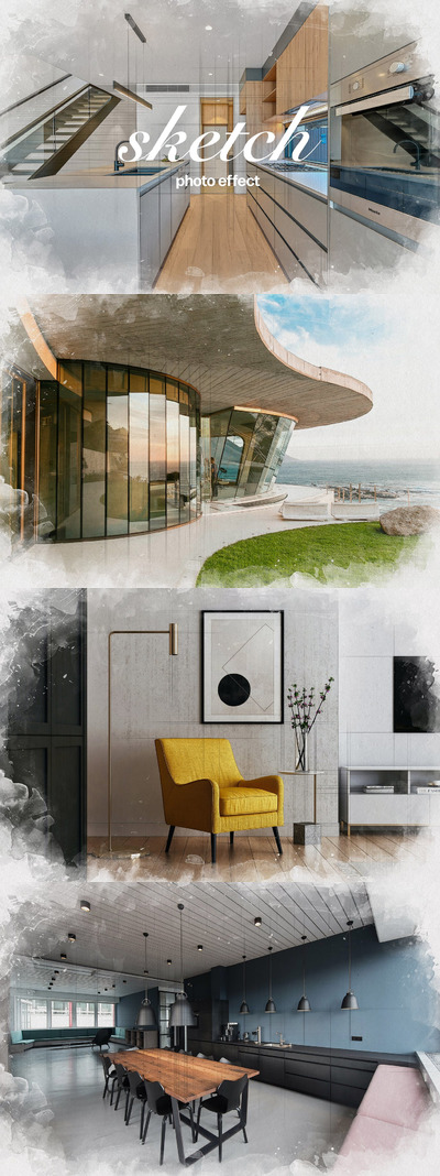 时尚逼真质感的市内手绘素描水彩效果图层样式