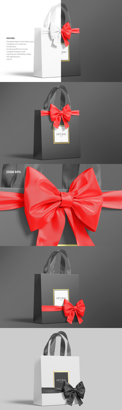 礼品袋与丝带和蝴蝶结模型 (PSD,PDF)