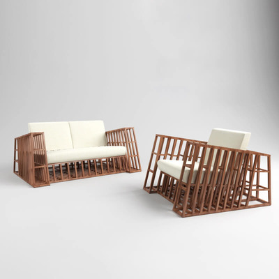 配米色沙发垫的实木沙发3D模型（OBJ,FBX,MAX）