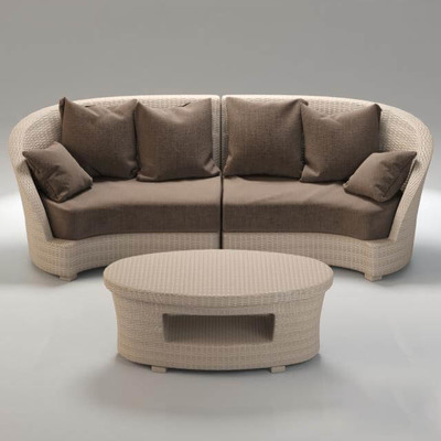 米色藤编框架配卡其色布垫沙发3D模型（OBJ,FBX,MAX）