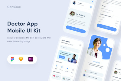 时尚高端专业多用途的医疗医院医生预约挂号APP UI KITS-FIG, SKETCH, XD