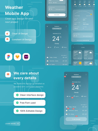 时尚清新简约天气APP UI KITS-FIG, SKETCH, XD