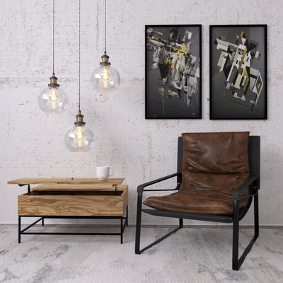 现代画吊灯木纹茶几和皮革扶手椅装饰组合3D模型（OBJ,FBX,MAX）