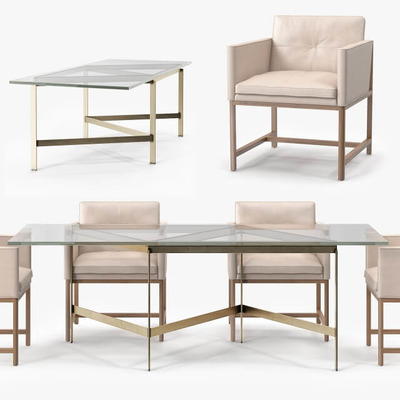 玻璃面加长餐桌和皮革扶手椅3D模型（OBJ,FBX,MAX）