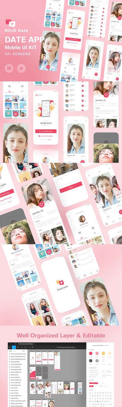 时尚清新简约多用途的日期日历相亲APP UI KITS-XD, FIG