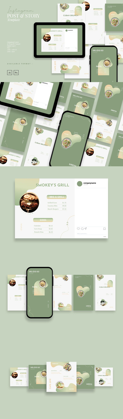 时尚高端清新简约多用途的高品质菜单菜谱Instagram社交媒体banner海报设计模板集合