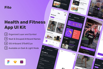 时尚高端专业的高品质运动健康健身APP UI KITS-FIG, SKETCH, XD