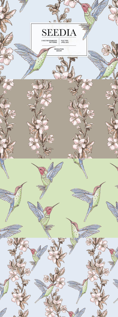 时尚清新高端优雅多用途的高品质小鸟植物花朵矢量无缝背景底纹纹理集合