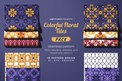 时尚复古风格的五颜六色的花卉瓷砖无缝矢量背景底纹纹理集合-AI，EPS，PNG