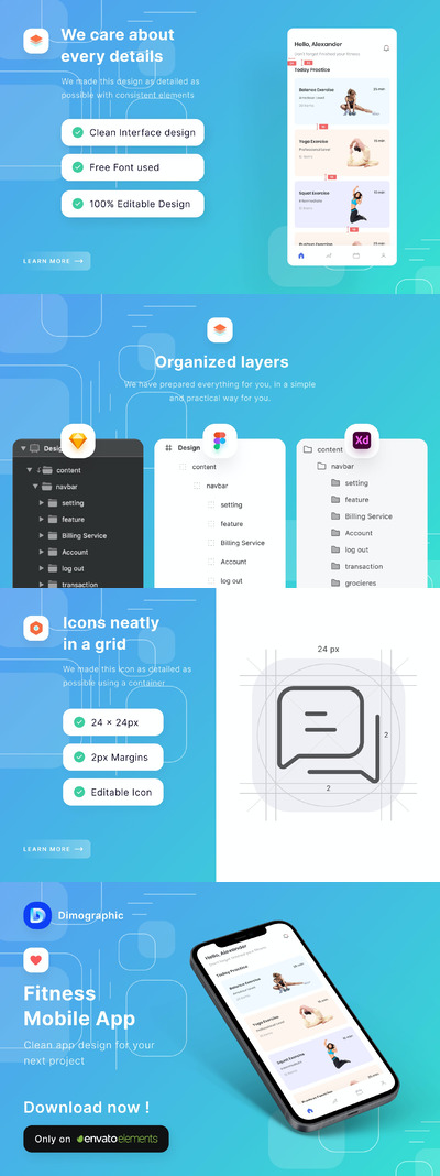 健身手机应用程序模板(FIG,SKETCH,XD)